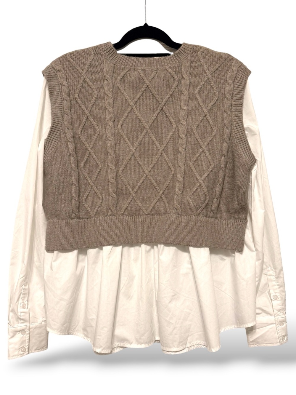 Emory Park Cable Two Fer Sweater Vest Shirt Medium Taupe White - Picture 3 of 7
